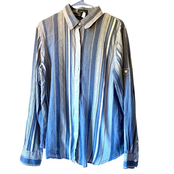 Lauren Jeans Co. Blue Striped Button-Up Shirt XL Cotton Long Sleeve Hippie Retro - Picture 1 of 9